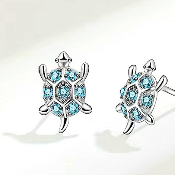 Sterling Silver Blue Turtle Stud Earrings - Picture 6 of 6